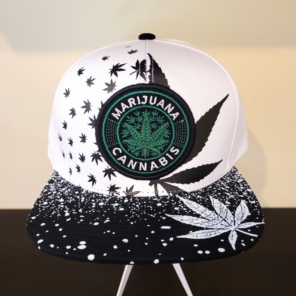 Green Patch Black Weed Leaves White Snapback